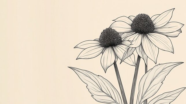 Botanical drawing depicting vivid black eyed susan blossoms, showcasing delicate petal textures and verdant foliage against soft cream colored backdrop