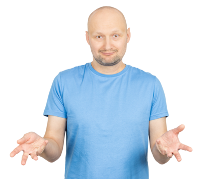 Bald man showing empty hands with open palms, shrugging shoulders, uncertain facial expression