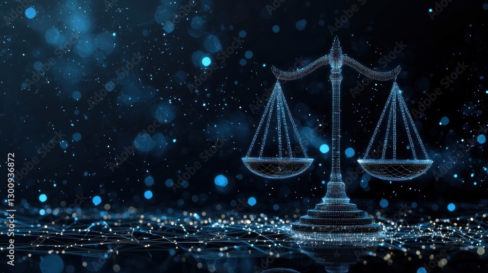 Poster digital representation of justice with scales on a dark background featuring sparkling blue particle