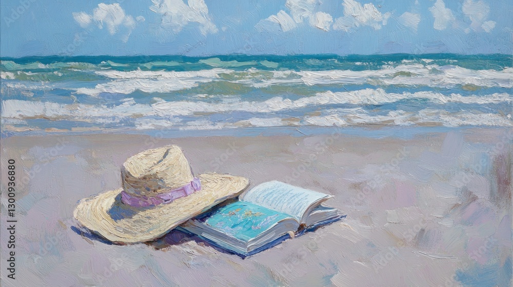 Poster a straw hat and an open book resting on a sandy beach with waves in the background.
