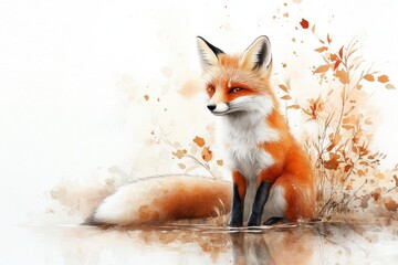 Obraz premium A dreamy watercolor of a nine-tailed fox sitting beside a tranquil stream, its tails blending with the reflection in the water