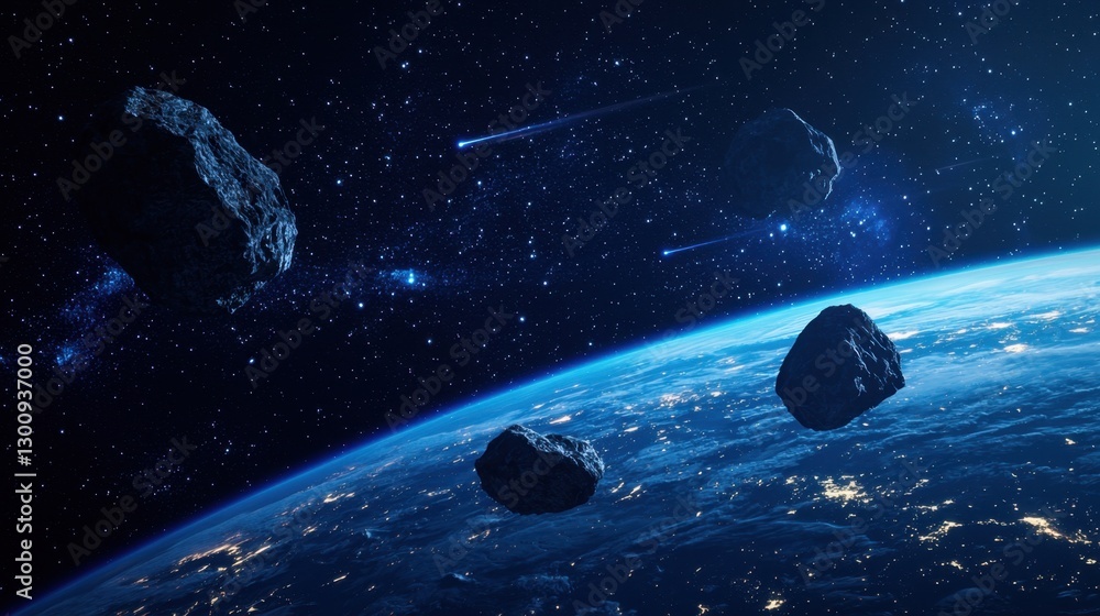 Poster cosmic scene of asteroids floating near earth with starlit background and comet trails in deep space