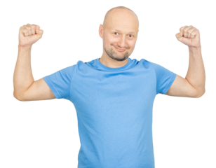 Bald man showing strength and smiling proudly: biceps flexing