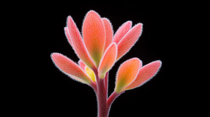 A striking plant with vibrant red and green leaves against a dark background, highlighting its unique texture and design, ideal for modern decor. blossoming delicate red leaves