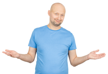 Bald man shrugging with open palms and grimacing expression