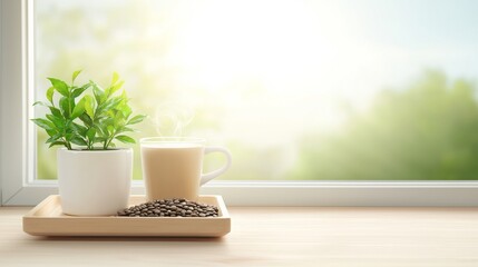 Coffee decaf smooth rich. A serene scene featuring a potted plant, a cup of coffee, and coffee beans on a wooden tray, illuminated by soft natural light from a window.