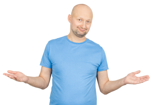 Bald man shrugging with open palms and grimacing expression
