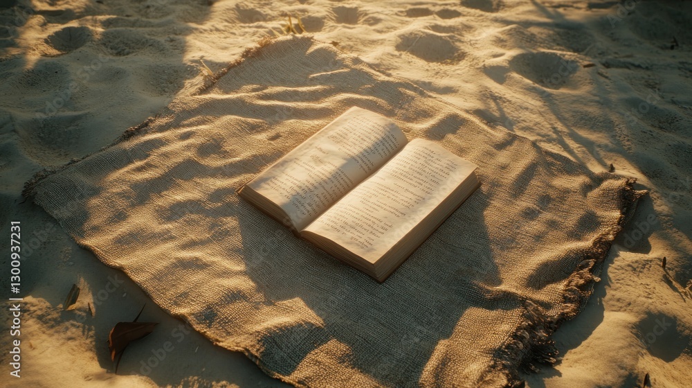 Poster an open book resting on a textured mat in a sandy environment during golden hour.