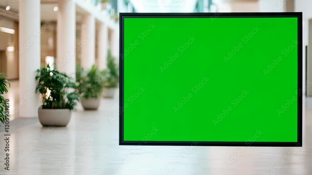 Poster green screen display in shopping mall corridor with blurred background for custom content and modern