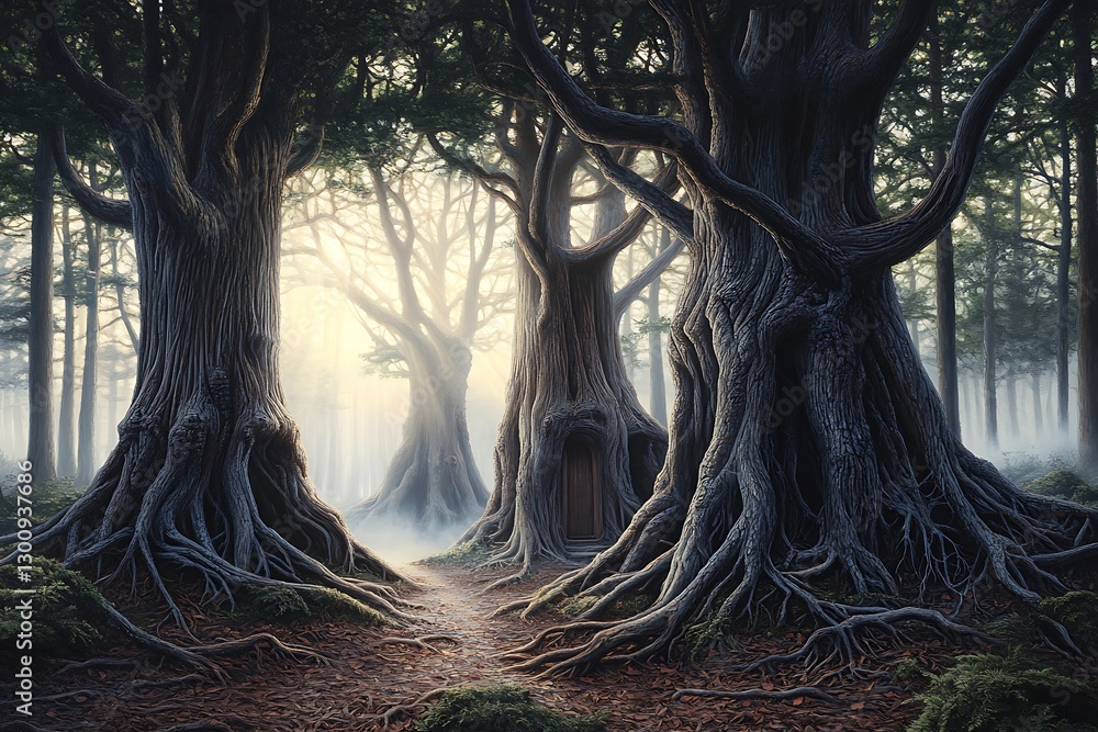 Poster enchanted forest pathway with mystical door and large ancient trees