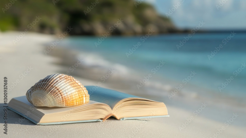 Poster a serene beach scene featuring an open book and a seashell on soft sand.