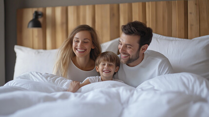 Fototapeta premium Waterproof Mattress Pad – Happy Family on Bed, White Bedding, Cozy Bedroom, Soft Lighting, Breathable and Noiseless Comfort, Deep Pocket Design, Eco-Friendly Fabric, Stretchable Fit, Lifestyle Photo