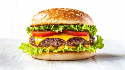 Melted cheese cascading over juicy beef patty, crisp lettuce, ripe tomato slices nestled between golden sesame seed buns, embodying quintessential fast food indulgence