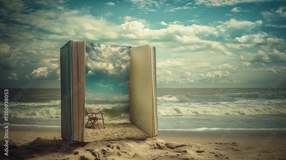 Poster a surreal scene of an open book revealing a beach setting with chairs and ocean waves.