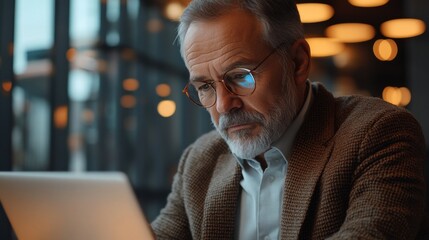 Man using laptop. Senior person with glasses looking down. Concentrated person reading. Indoor scene with lights and blurred background.