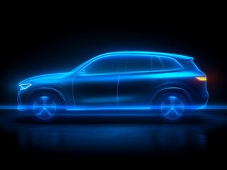 A digitally rendered car design presented with glowing blue lines