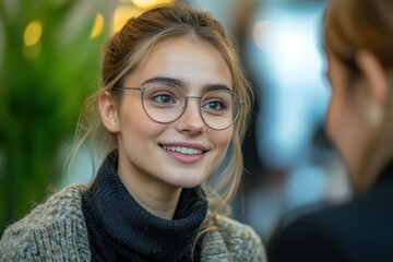 Woman in glasses smiling. Girl looking at another person. Pretty face with happy expression. Meeting between two individuals indoors.