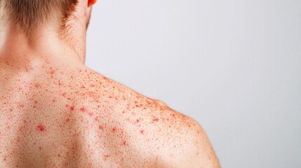 A close-up of a person's back covered in severe allergic hives, showing red, inflamed, and swollen skin