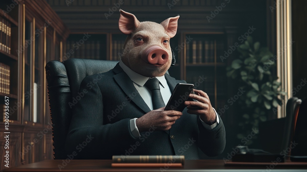 Poster a pig-headed figure in a suit sits at a desk, using a smartphone in a library-like setting.