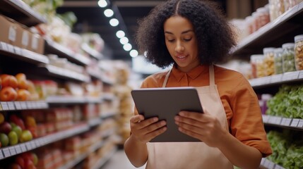 A grocery store employee wearing an apron uses a tablet for inventory management while standing in a food aisle.