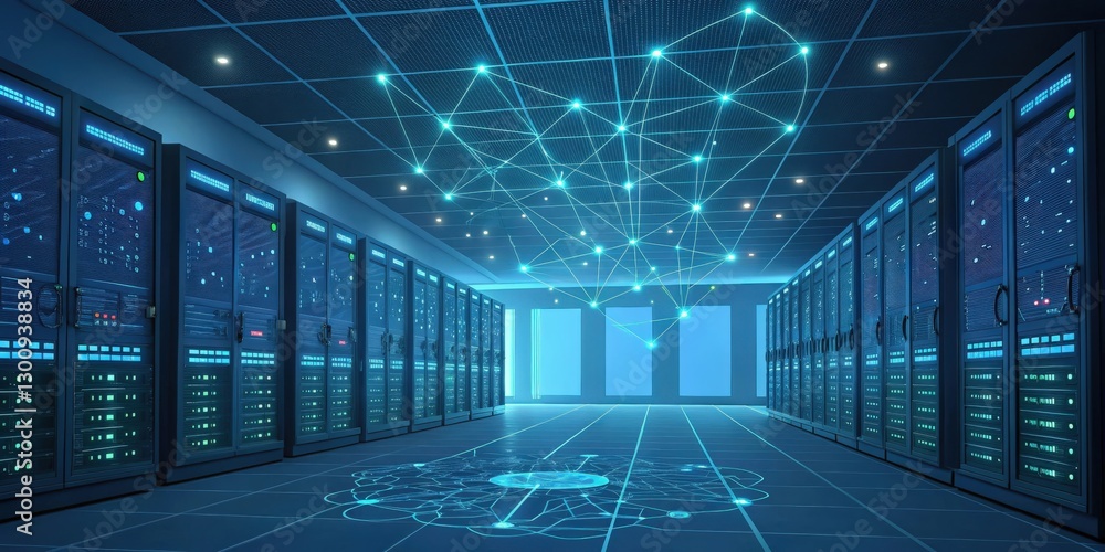 Poster inside the server room, a futuristic network data center, with rows of servers and glowing network c