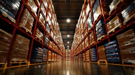 Warehouse interior, packed shelves, goods, aisle perspective