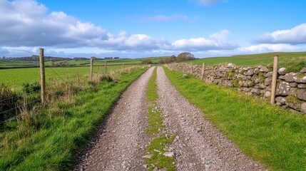 Obraz premium Gravel Road Through Green Fields and Stone Walls Under a Blue Sky
