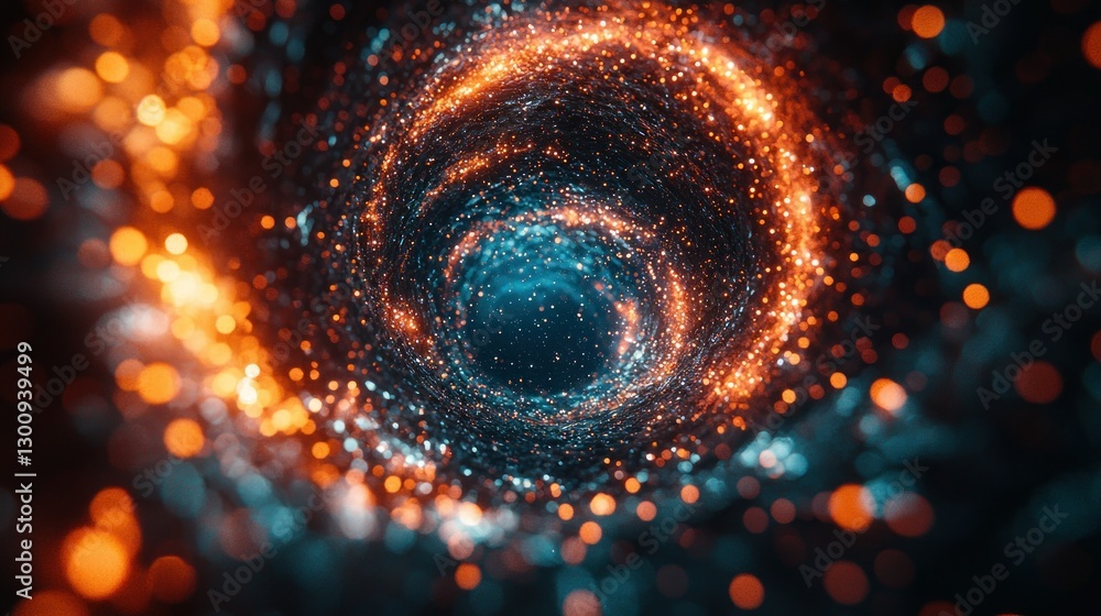 Poster abstract swirling vortex of orange and teal particles, with bokeh background