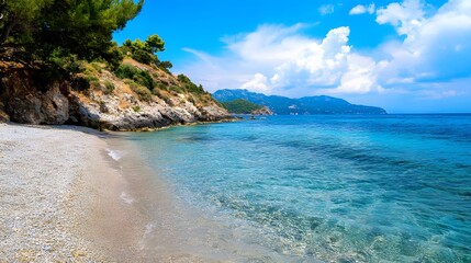 Fototapeta premium secluded pebble beach in greece with crystal clear turquoise wat