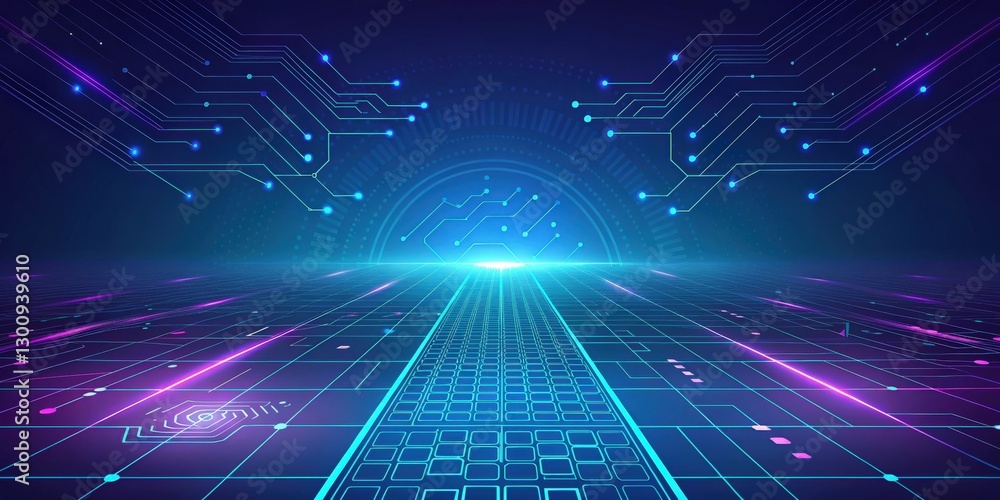 Poster futuristic digital background with neon light and circuit board elements. the design has lines and g