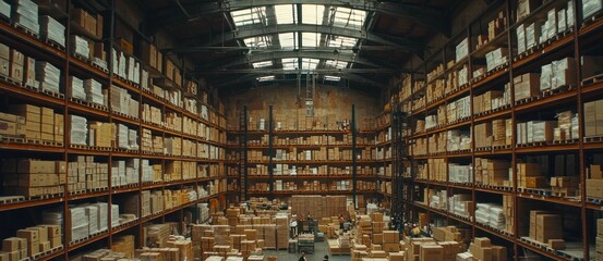 Obraz premium Warehouse interior, workers stocking shelves, high volume inventory, overhead view