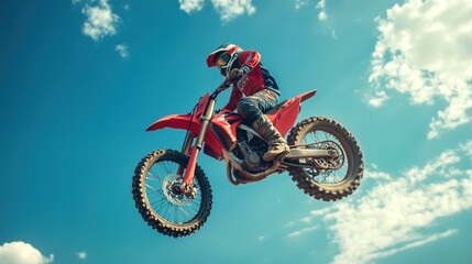 Fototapeta premium Motocross rider flying high, performing a jump on a motocross track against a vibrant blue sky