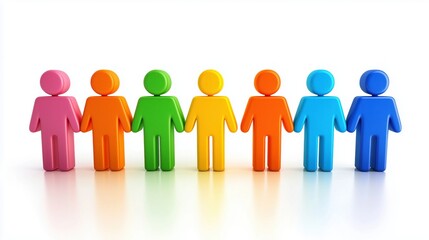 Fototapeta premium Eight colorful 3d human figures stand united, holding hands, symbolizing teamwork, diversity, and inclusion