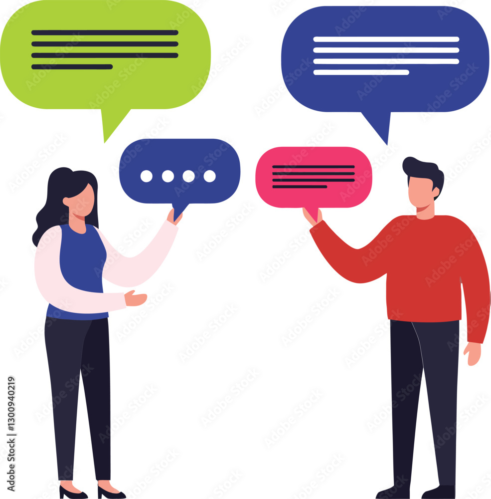 Aufkleber two people engaging in conversation with colorful speech bubbles in a minimal flat design vector ill