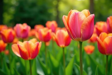 Obraz premium Pink-orange tulip blooms in garden with lush greenery, garden, natural