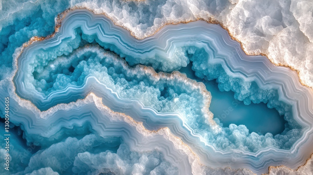 Poster polished blue agate cross section showing concentric banding and crystalline formations creating a m