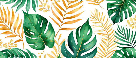 Fototapeta premium Watercolor Green and Gold Tropical Leaves Seamless Pattern Background Design