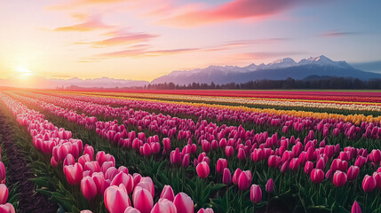 A stunning sunset over tulip fields, with pink and purple hues creating a breathtaking landscape. growing tulips on an industrial scale