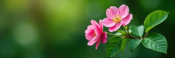 Naklejka premium Pink wild rose branch with green leaves and stem, pink wild rose, green leaves, flowering branch