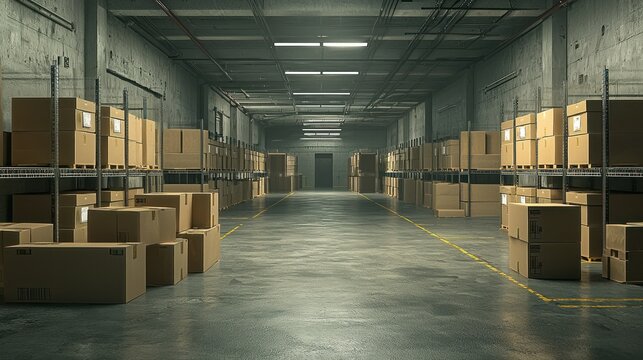 Industrial warehouse interior with stacked boxes, empty space, and concrete walls