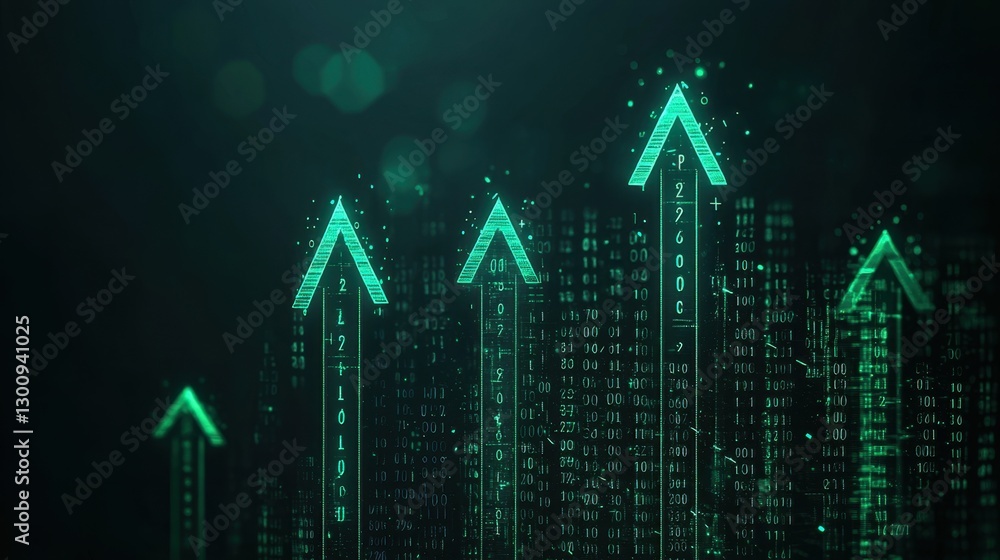 Poster digital growth concept with green arrows and data stream background in technology and business envir