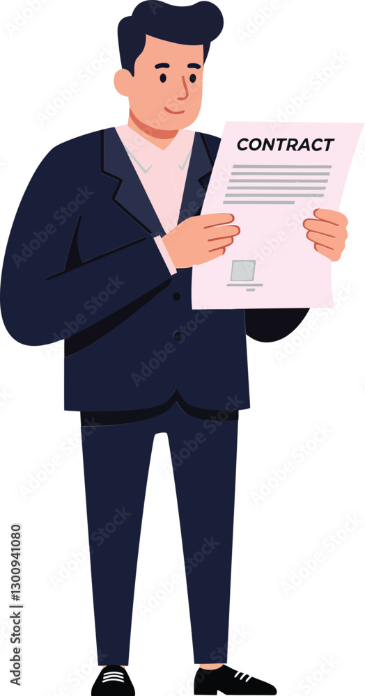 Poster professional man in a suit examining a contract document with focused expression in a minimal flat v
