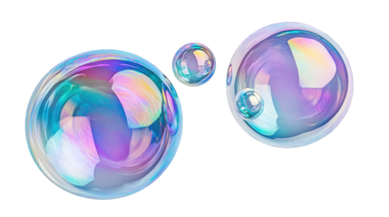 Floating soap bubbles with iridescent colors, isolated on white background