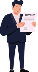 Professional man in a suit examining a contract document with focused expression in a minimal flat vector illustration