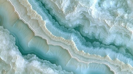 Polished agate revealing soft blue and beige waves, forming intricate concentric bands and botryoidal textures mimicking natural geological terrain miniature