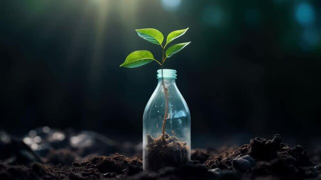 Green seedling growing in plastic bottle on soil. Environmental protection concept. Earth Day, Arbor Day, World Environment Day video