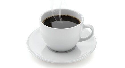 Obraz premium A white ceramic cup filled with steaming hot black coffee, placed on a matching saucer, isolated