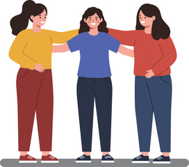 Three diverse women embracing in a supportive group, showcasing friendship and unity in a flat vector illustration