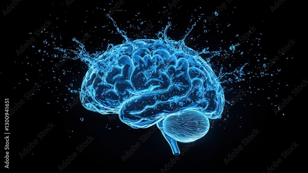 Poster abstract representation of human brain with water splash effect on dark background showcasing creati