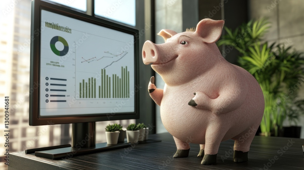 Poster a cheerful pig character analyzes business graphs on a computer screen in a modern office.